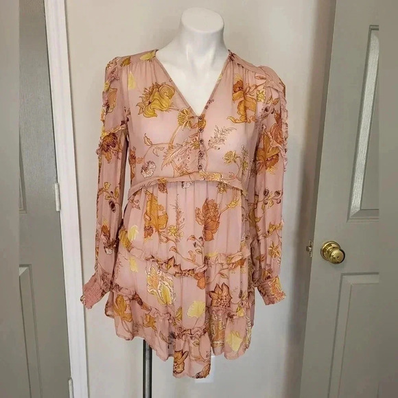 Anthropologie Sheer Ruffled Pink Combo Henley Style Button Front Tunic Top(S) - Picture 5 of 11